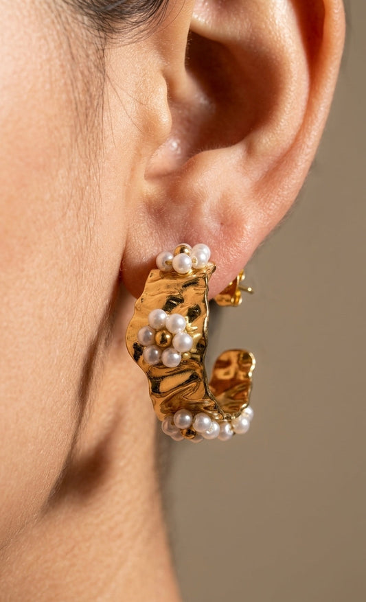 Anti Tarnish Earring Pearl Curved Studs 18K Gold Plated