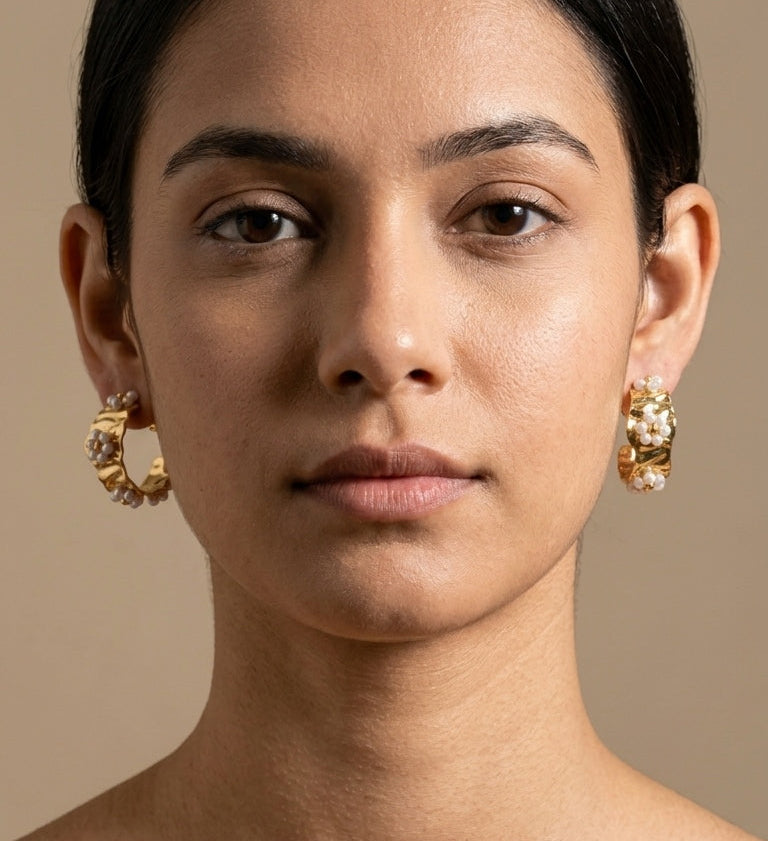 Anti Tarnish Earring Pearl Curved Studs 18K Gold Plated