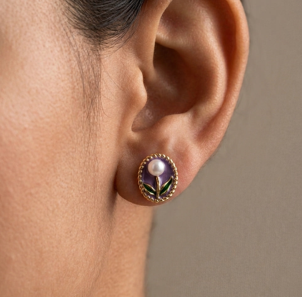 Anti Tarnish Earring Pearl Flower Studs 18K Gold Plated