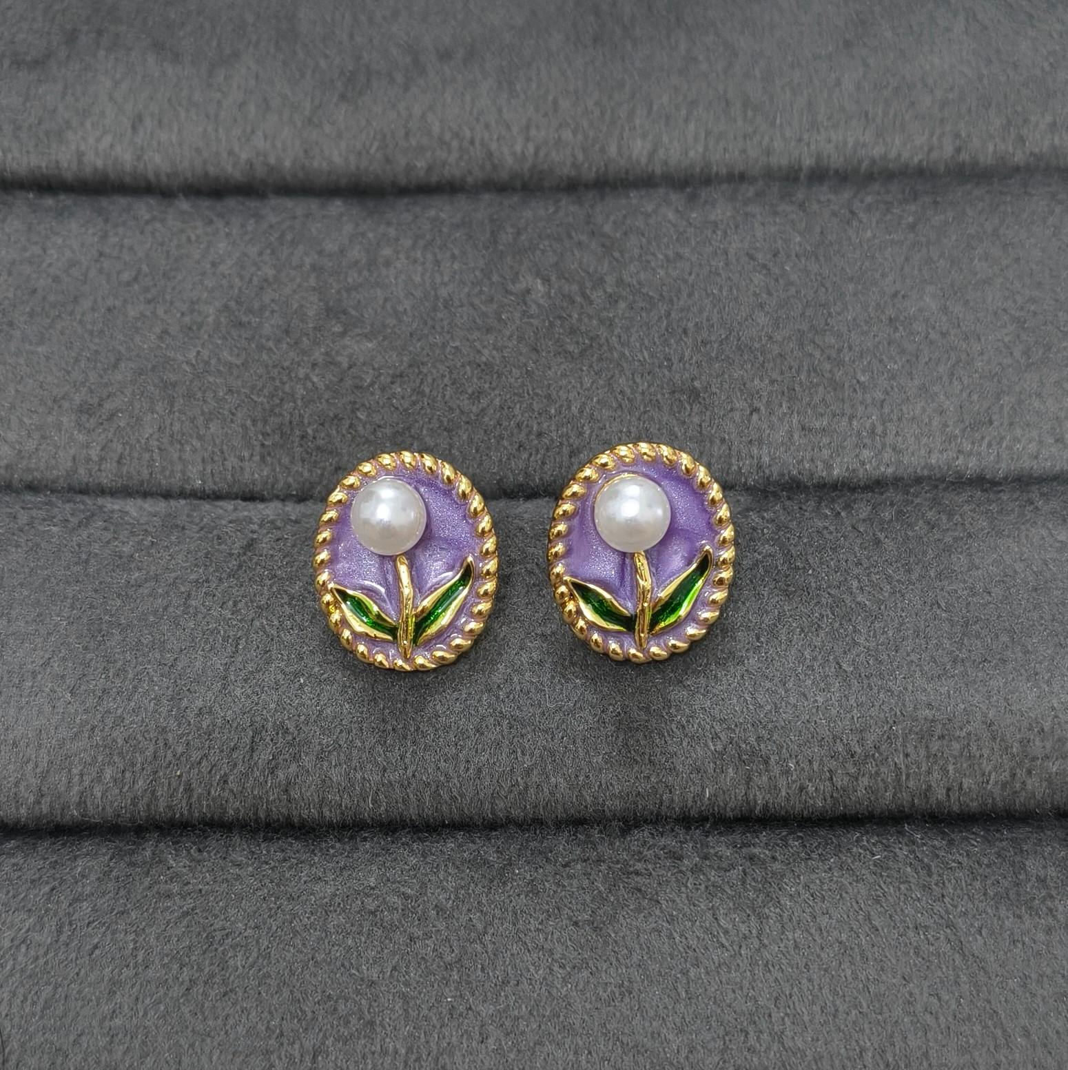 Anti Tarnish Earring Pearl Flower Studs 18K Gold Plated