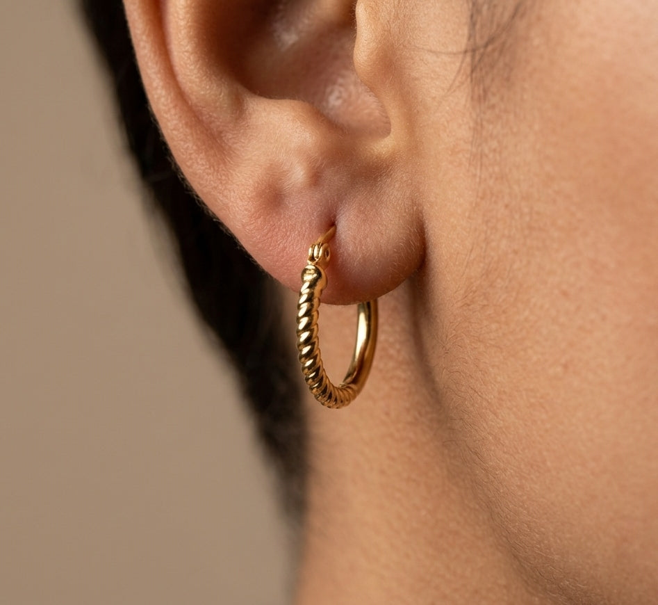 Anti Tarnish Earring Round Half Twisted Hoop 18K Gold Plated