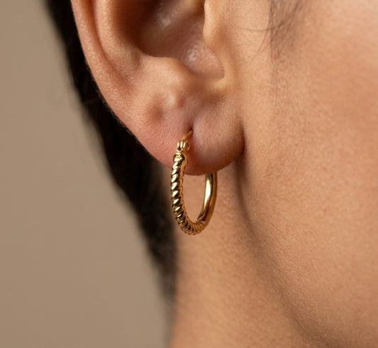 Anti Tarnish Earring Round Half Twisted Hoop 18K Gold Plated