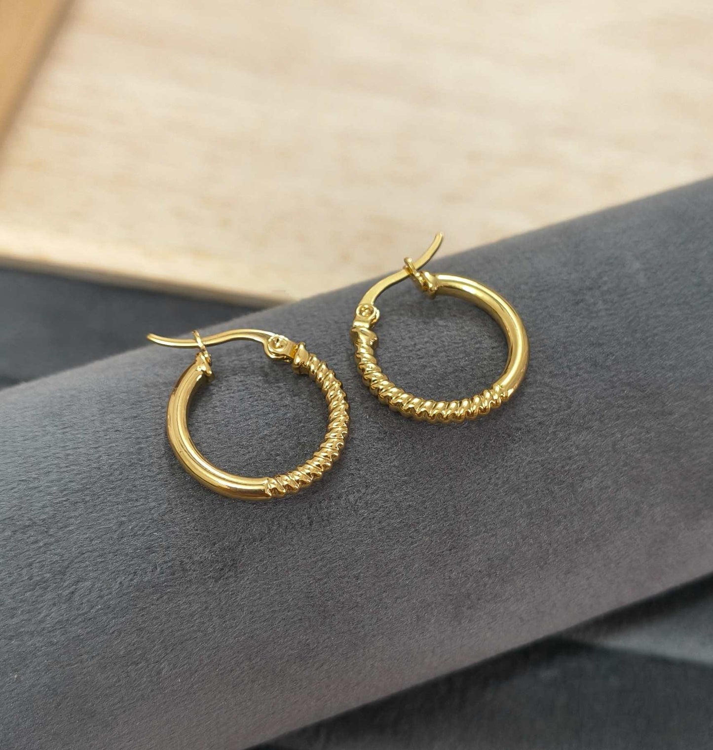 Anti Tarnish Earring Round Half Twisted Hoop 18K Gold Plated