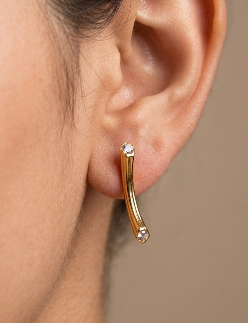 Anti Tarnish Earring Stone Curved Bar 18K Gold Plated