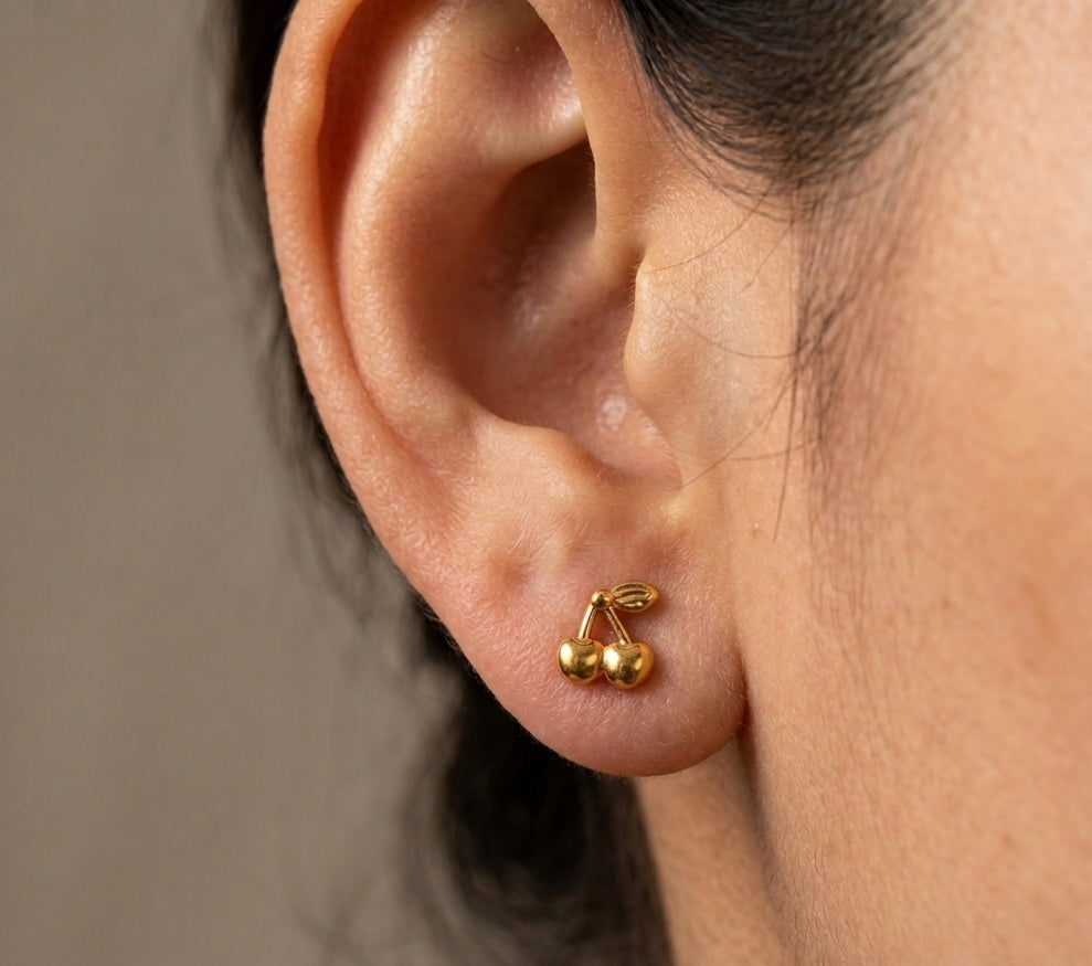 Anti Tarnish Earring Tiny Cherry Stud 18K Gold Plated