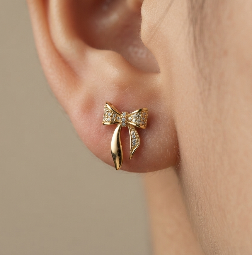 Anti Tarnish Earring Trendy Bow Studs 18K Gold Plated