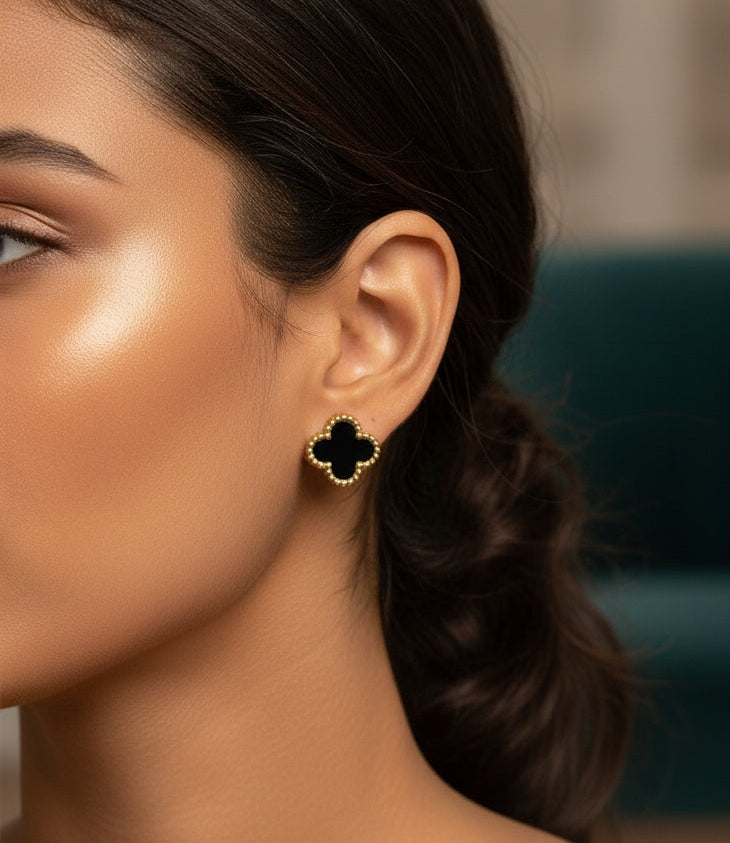 Anti Tarnish Earrings Black Clover Studs 18K Gold Plated