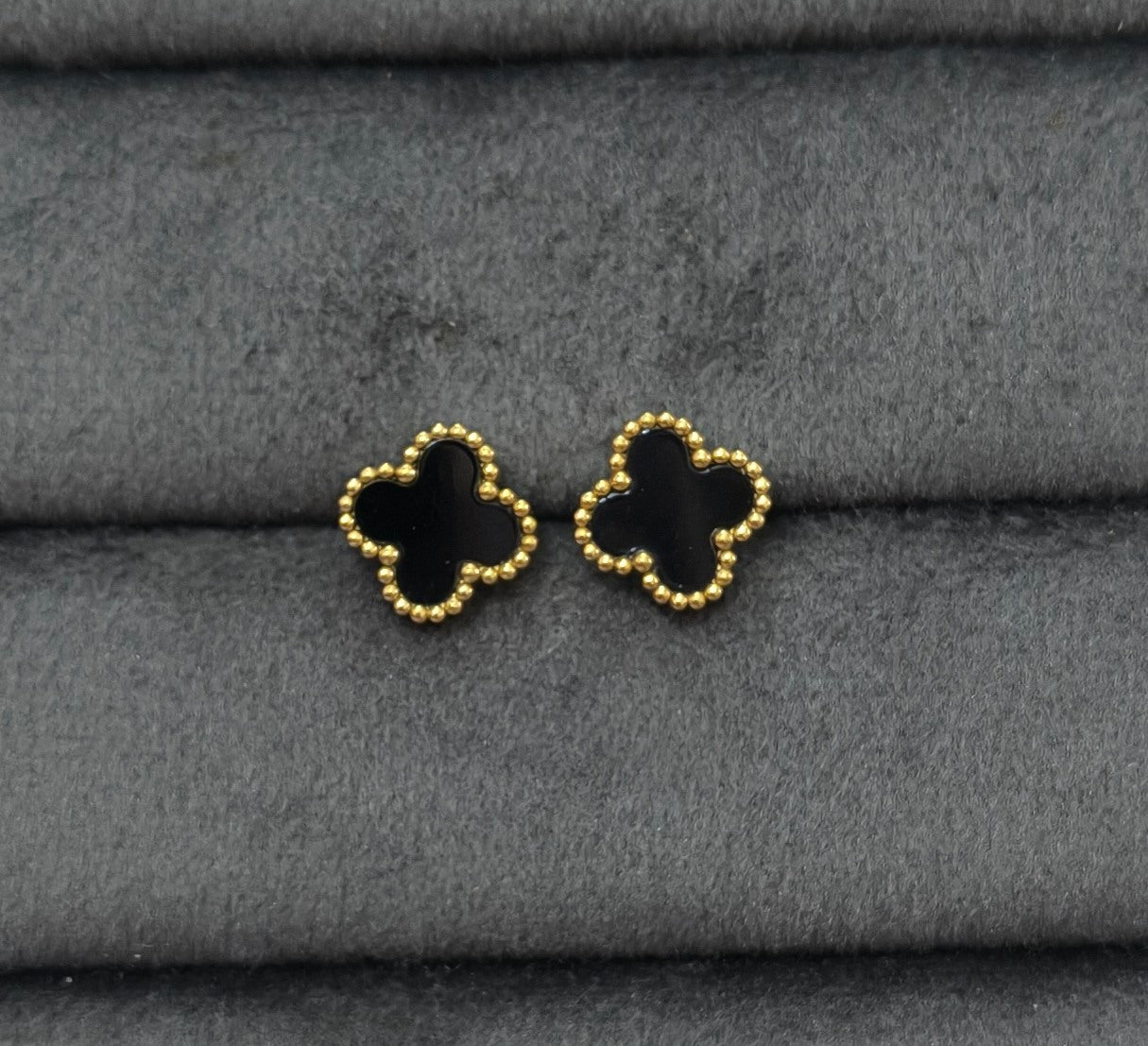 Anti Tarnish Earrings Black Clover Studs 18K Gold Plated