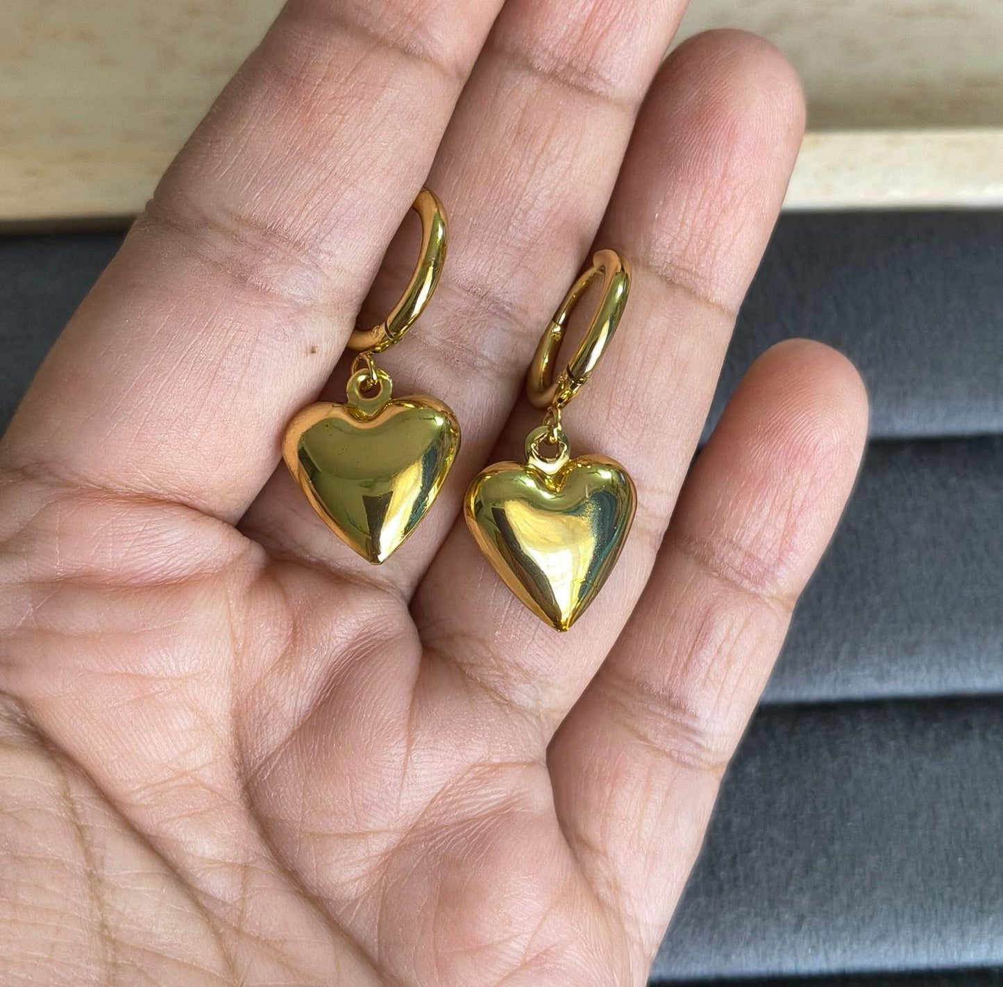 Anti Tarnish Earrings Chunky Heart Hoop 18K Gold Plated