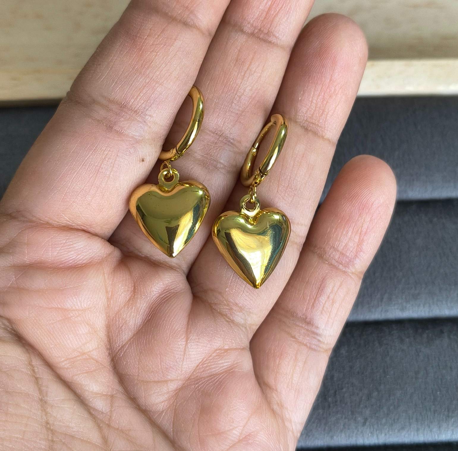 Anti Tarnish Earrings Chunky Heart Hoop 18K Gold Plated