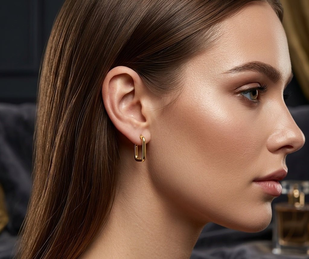 Anti Tarnish Earrings Dainty Rectangle Hoop 18K Gold Plated