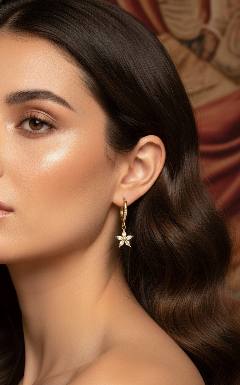 Anti Tarnish Earrings Drop Floral Dangler 18K Gold Plated