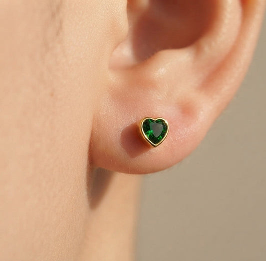 Anti Tarnish Earrings Emerald Heart Stud 18K Gold Plated