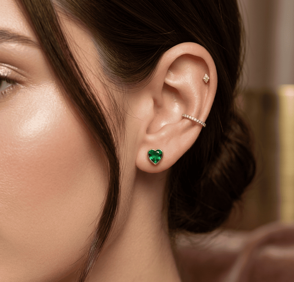 Anti Tarnish Earrings Emerald Heart Stud 18K Gold Plated