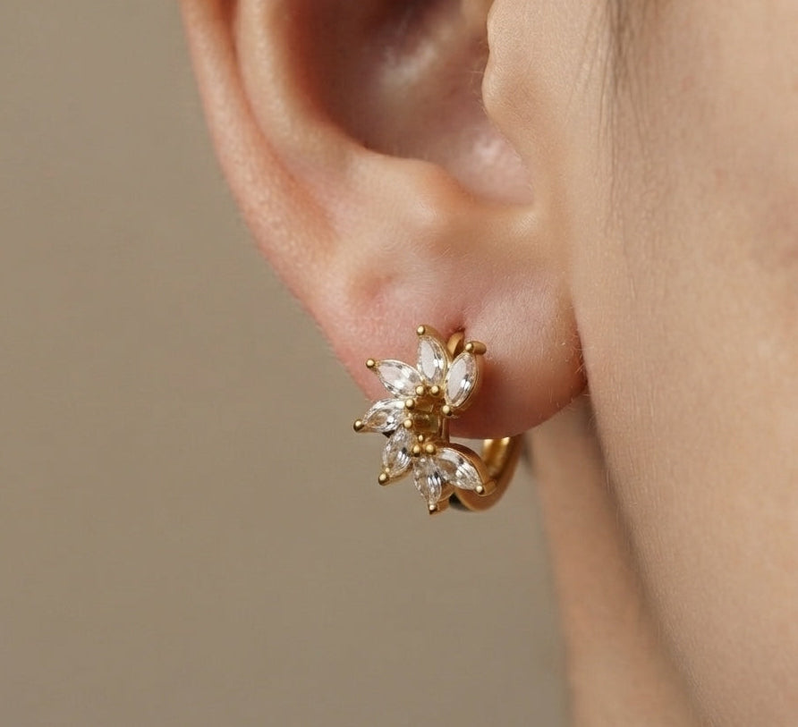 Anti Tarnish Earrings Floral Diamond Hoop 18K Gold Plated