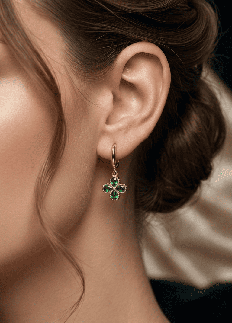 Anti Tarnish Earrings Green Clover Dangler 18K Gold Plated