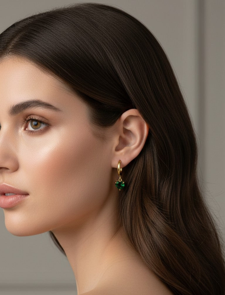 Anti Tarnish Earrings Green Heart Dangler 18K Gold Plated