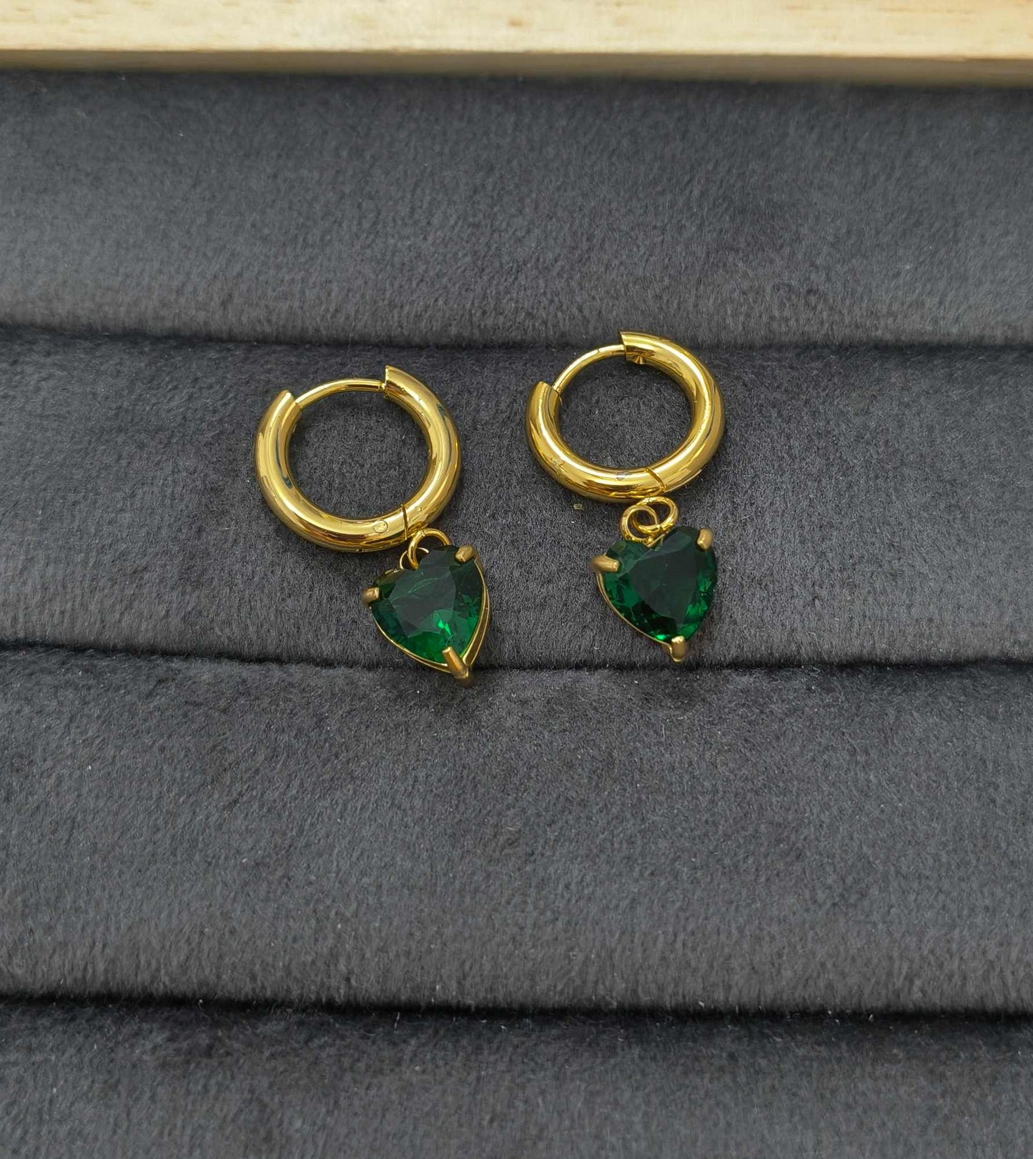 Anti Tarnish Earrings Green Heart Dangler 18K Gold Plated