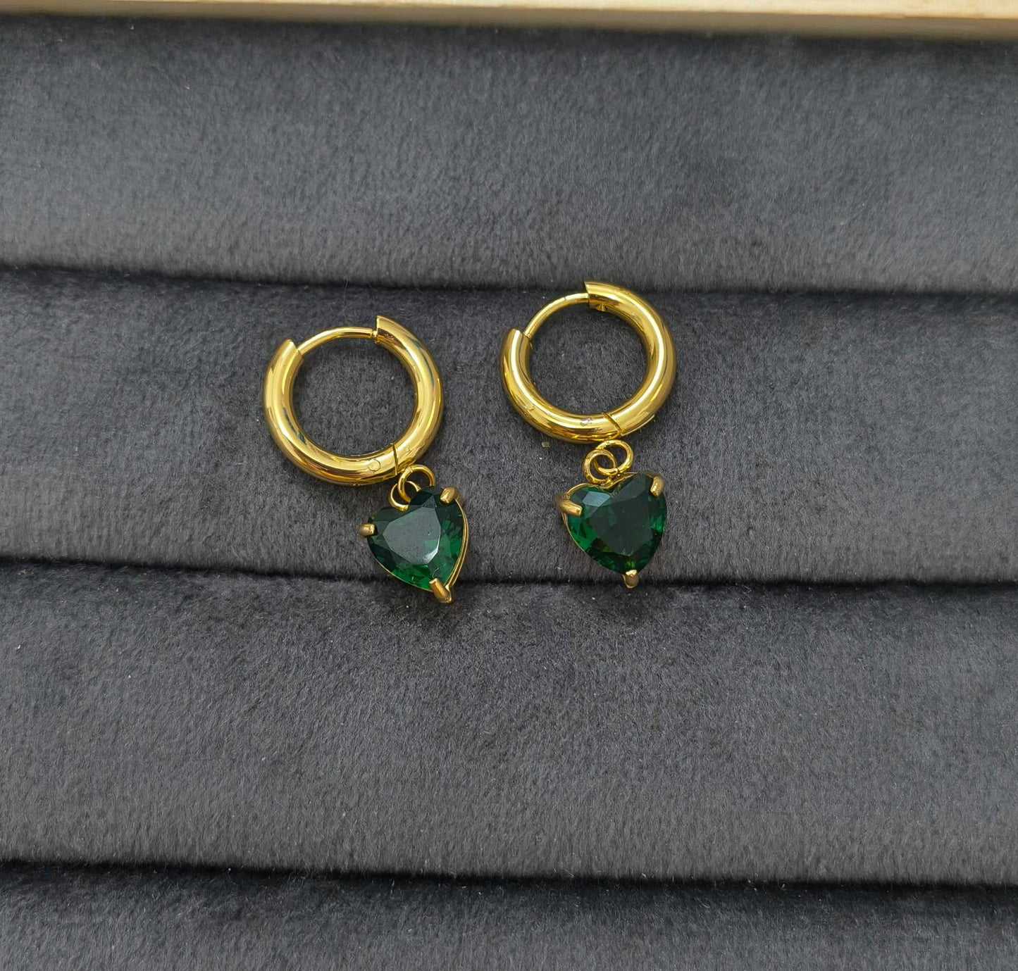 Anti Tarnish Earrings Green Heart Dangler 18K Gold Plated