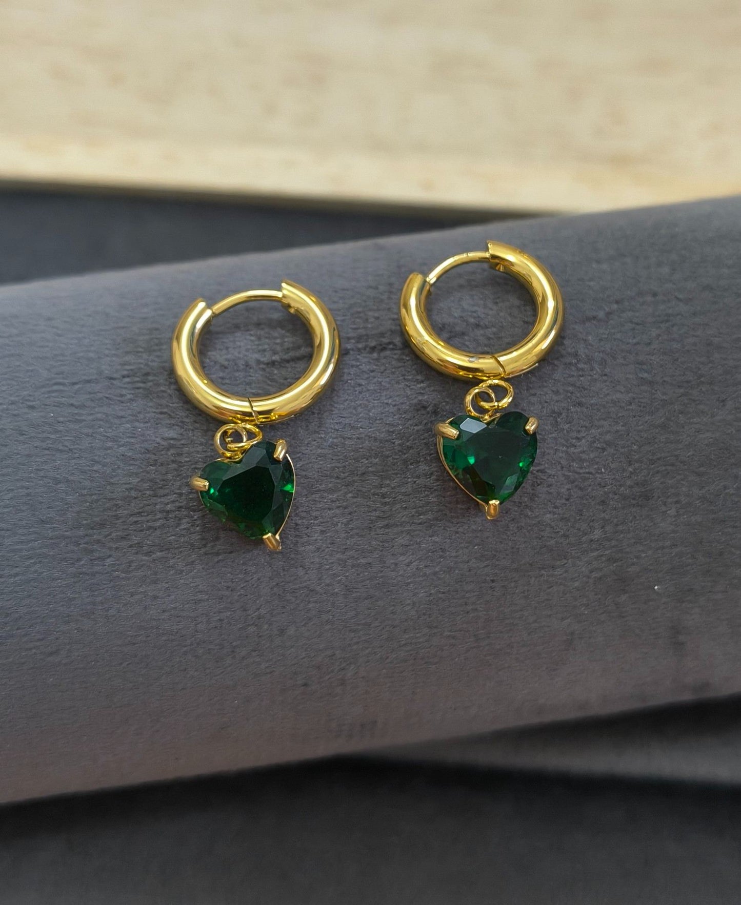Anti Tarnish Earrings Green Heart Dangler 18K Gold Plated