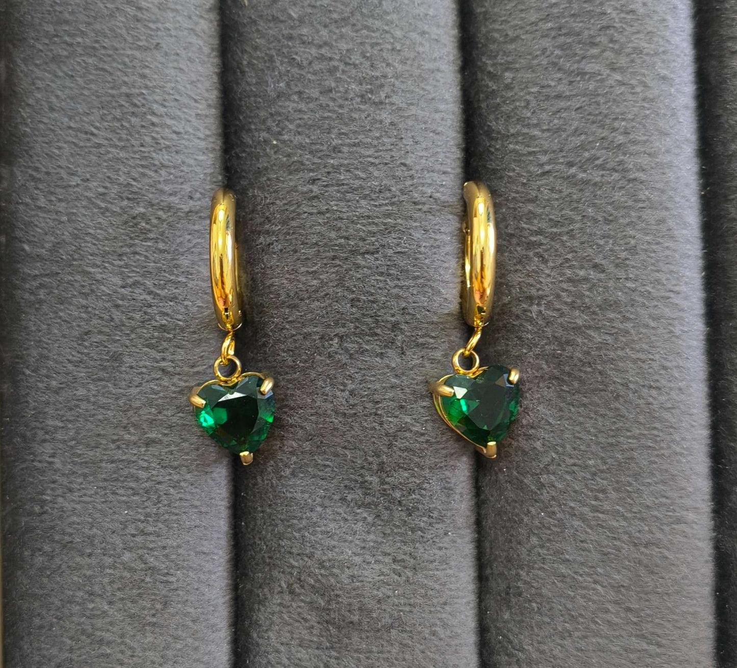 Anti Tarnish Earrings Green Heart Dangler 18K Gold Plated