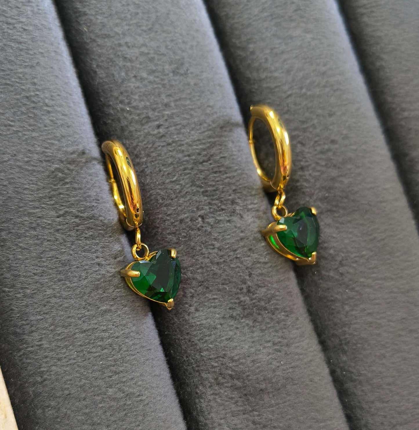 Anti Tarnish Earrings Green Heart Dangler 18K Gold Plated