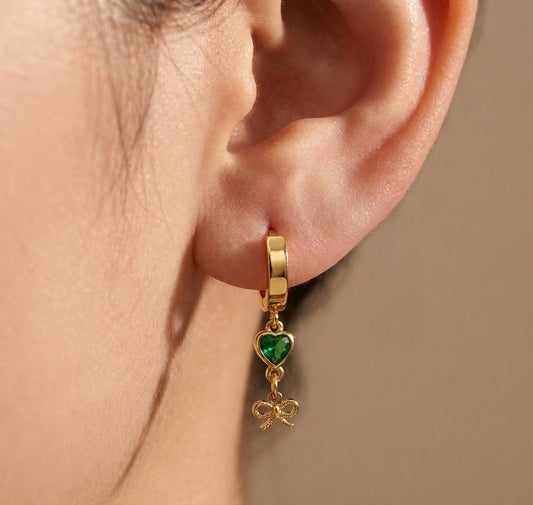Anti Tarnish Earrings Heart Bow Dangler 18K Gold Plated