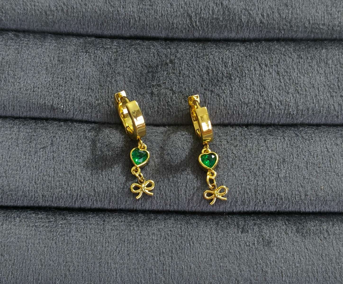 Anti Tarnish Earrings Heart Bow Dangler 18K Gold Plated
