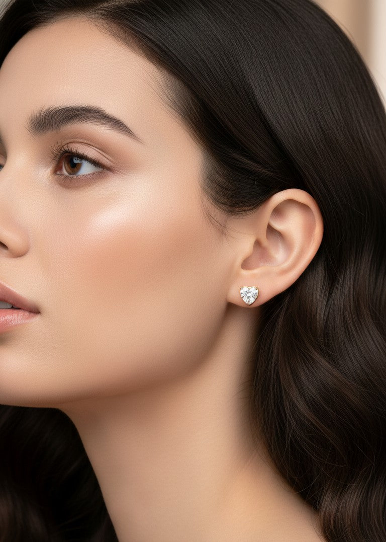 Anti Tarnish Earrings Heart Solitaire Stud 18K Gold Plated