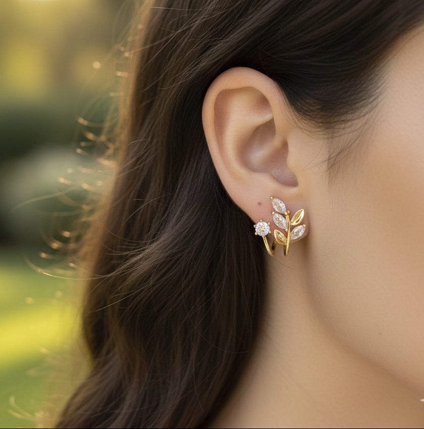Anti Tarnish Earrings Olive Leaf Stud 18K Gold Plated