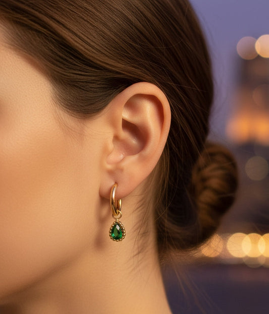 Anti Tarnish Earrings Oval Diamond Drop 18K Gold Plated