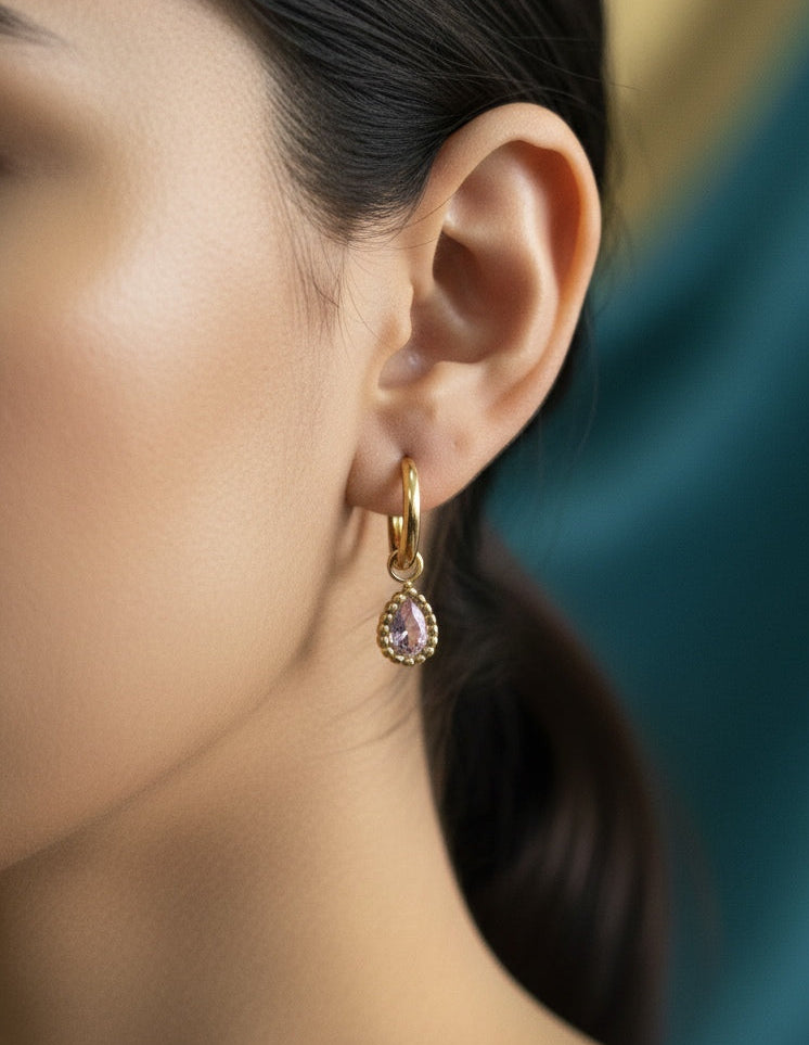 Anti Tarnish Earrings Oval Diamond Drop 18K Gold Plated