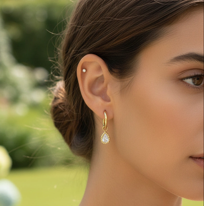 Anti Tarnish Earrings Oval Diamond Drop 18K Gold Plated