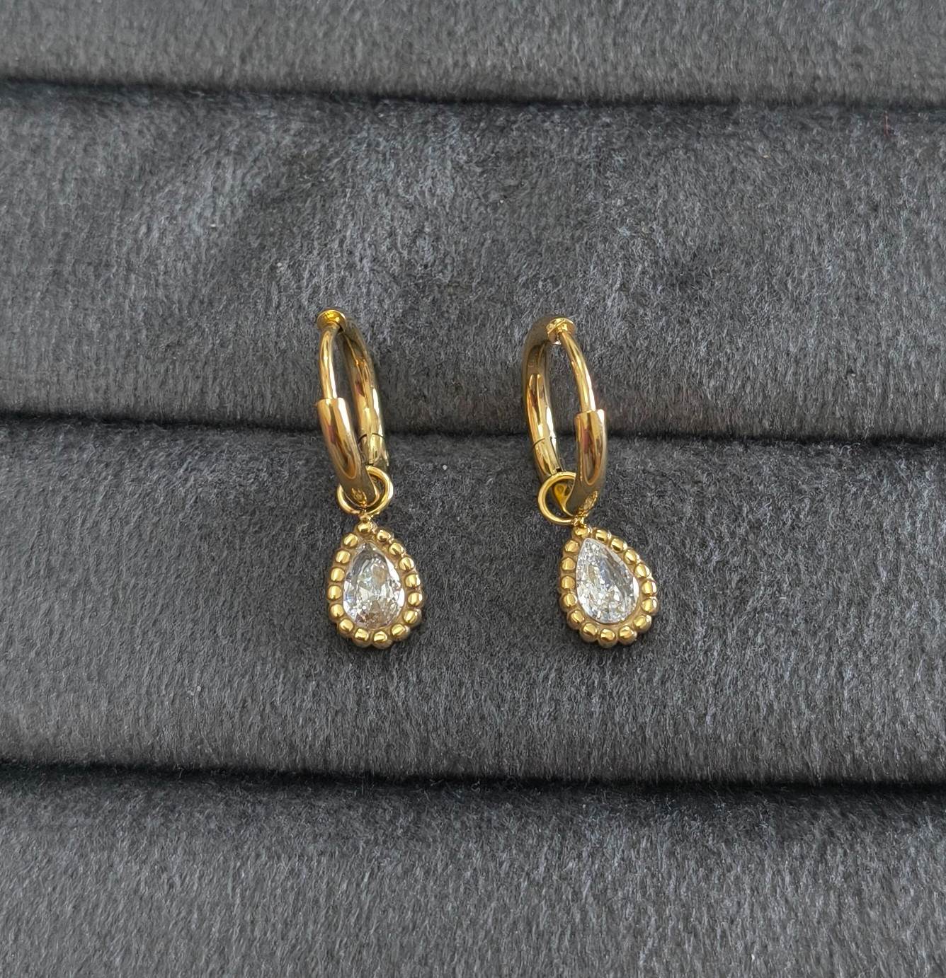 Anti Tarnish Earrings Oval Diamond Drop 18K Gold Plated