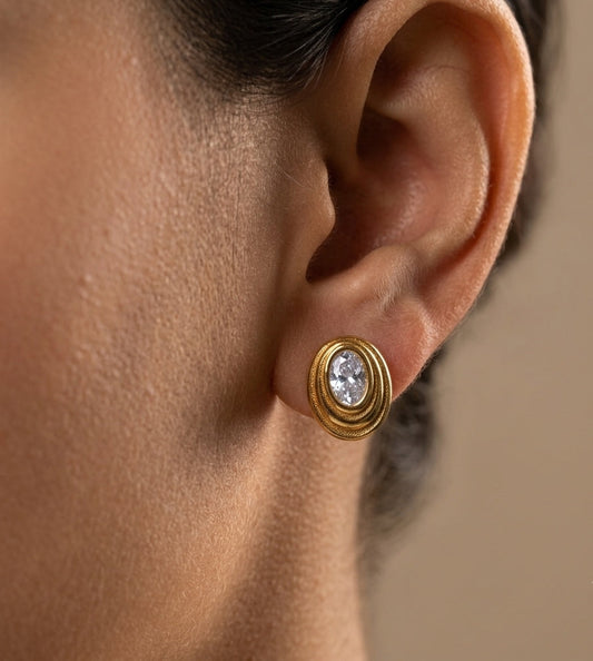 Anti Tarnish Earrings Oval Solitaire Stud 18K Gold Plated