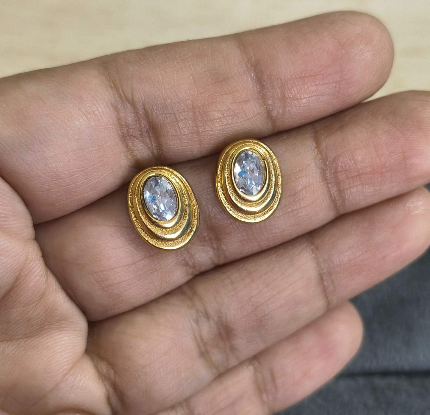Anti Tarnish Earrings Oval Solitaire Stud 18K Gold Plated