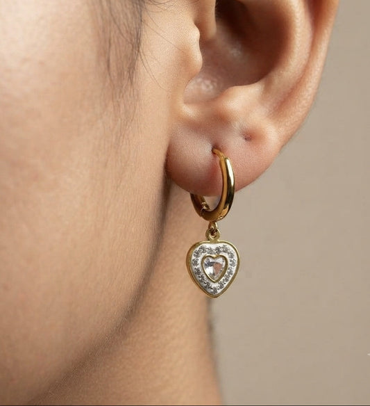Anti Tarnish Earrings Shiny Heart Dangler 18K Gold Plated