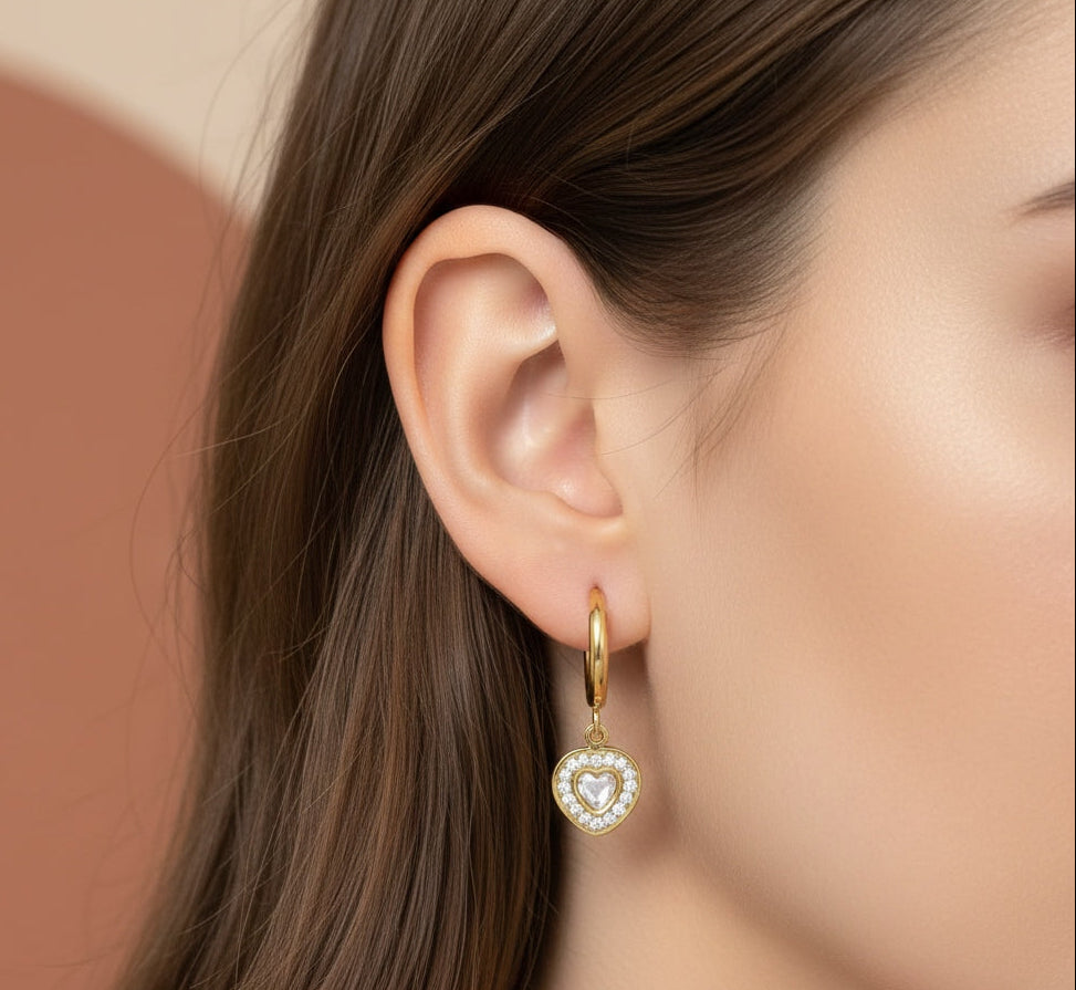 Anti Tarnish Earrings Shiny Heart Dangler 18K Gold Plated