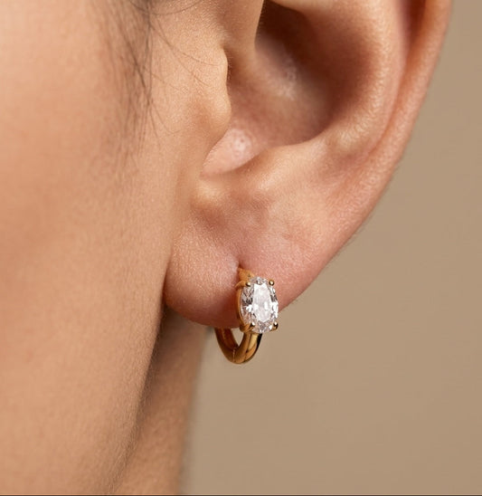 Anti Tarnish Earrings Shiny Solitaire Hoop 18K Gold Plated