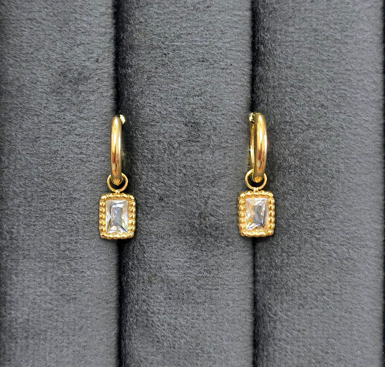 Anti Tarnish Earrings Square Diamond Drop 18K Gold Plated
