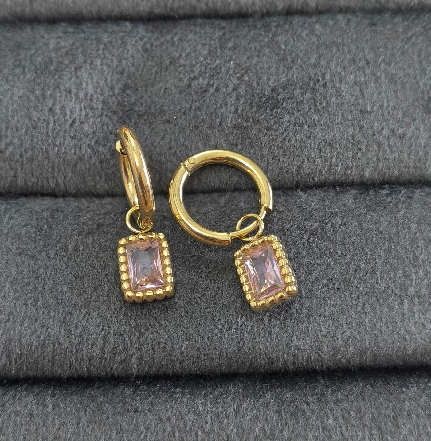 Anti Tarnish Earrings Square Diamond Drop 18K Gold Plated