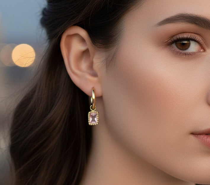 Anti Tarnish Earrings Square Diamond Drop 18K Gold Plated