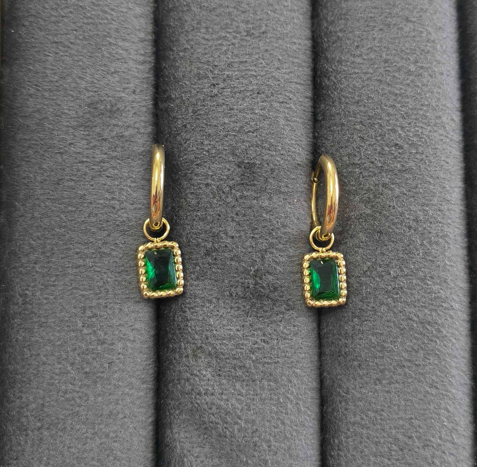 Anti Tarnish Earrings Square Diamond Drop 18K Gold Plated
