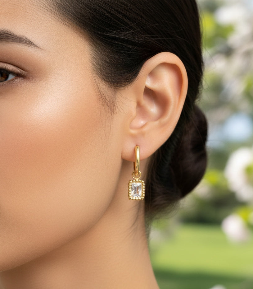 Anti Tarnish Earrings Square Diamond Drop 18K Gold Plated