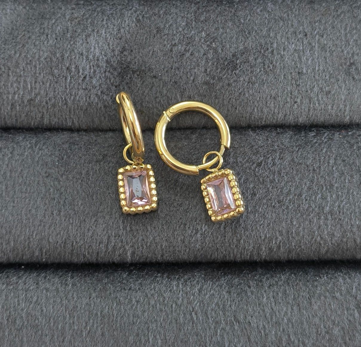Anti Tarnish Earrings Square Diamond Drop 18K Gold Plated
