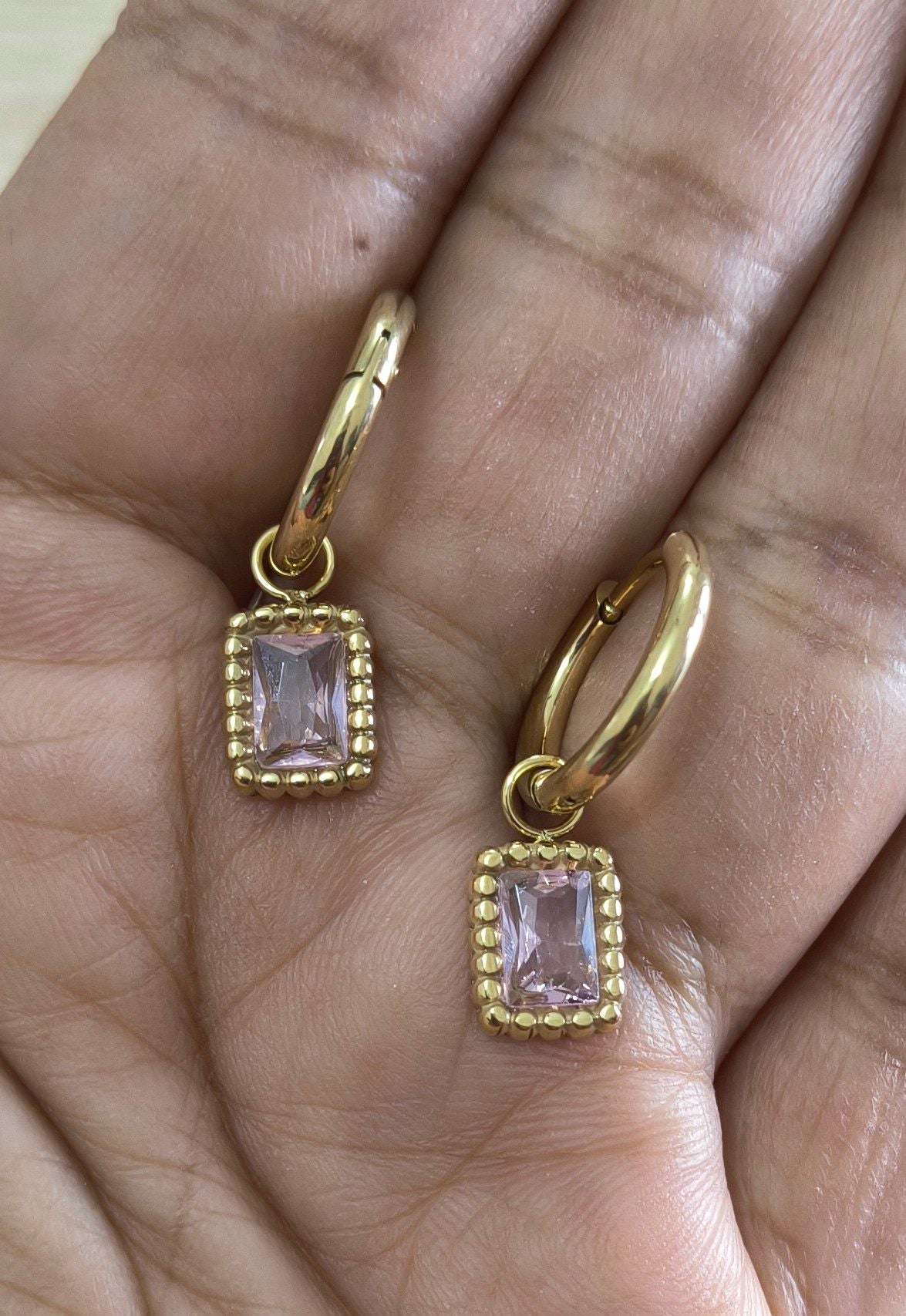 Anti Tarnish Earrings Square Diamond Drop 18K Gold Plated
