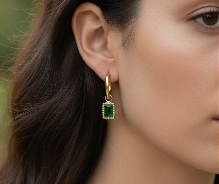 Anti Tarnish Earrings Square Diamond Drop 18K Gold Plated