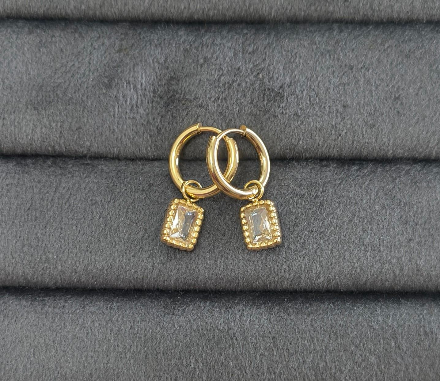 Anti Tarnish Earrings Square Diamond Drop 18K Gold Plated