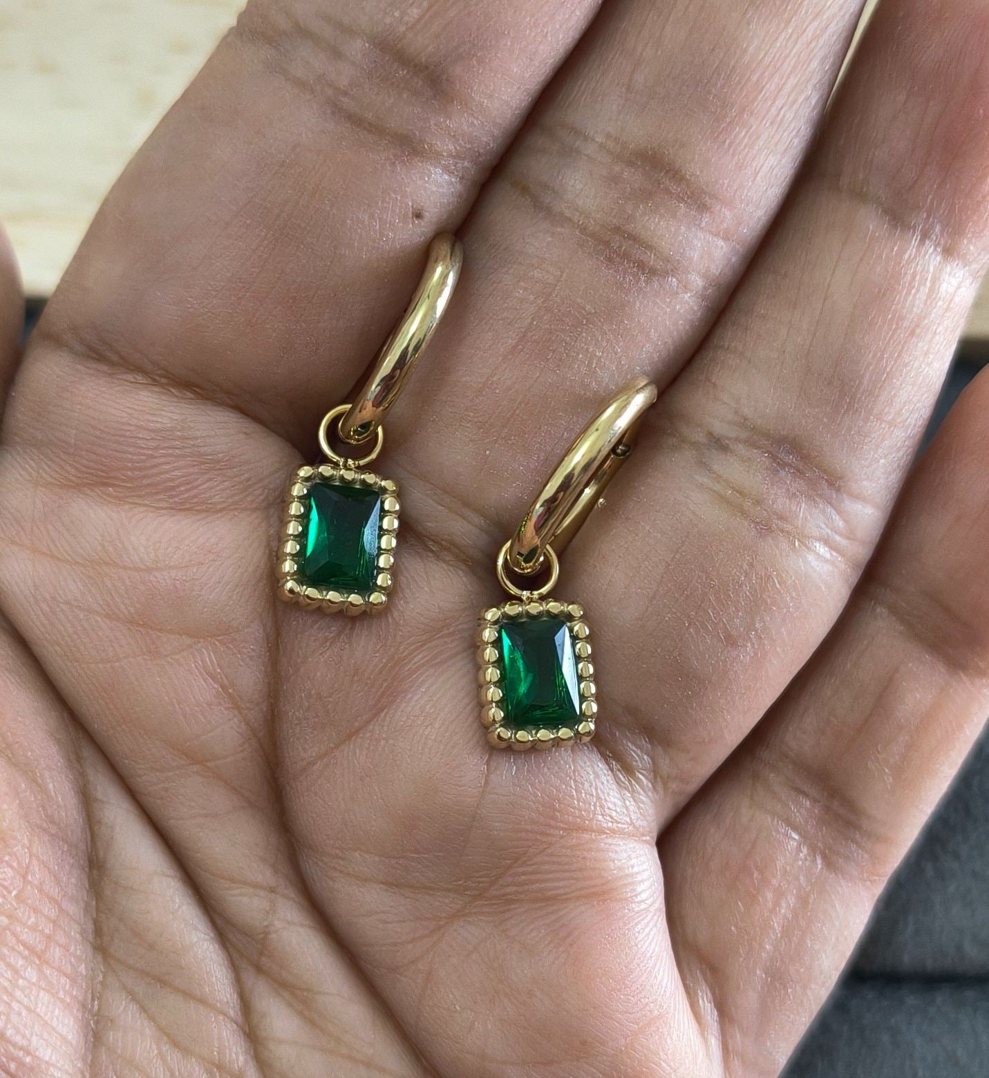 Anti Tarnish Earrings Square Diamond Drop 18K Gold Plated