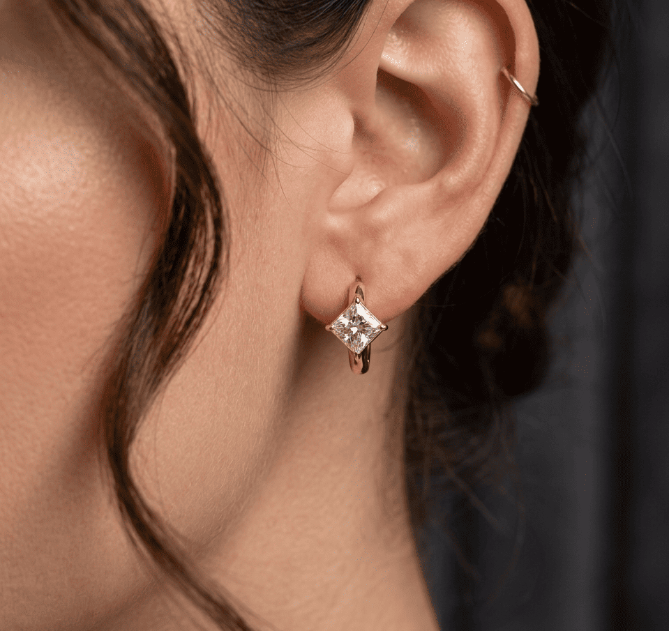 Anti Tarnish Earrings Square Solitaire Hoop 18K Gold Plated
